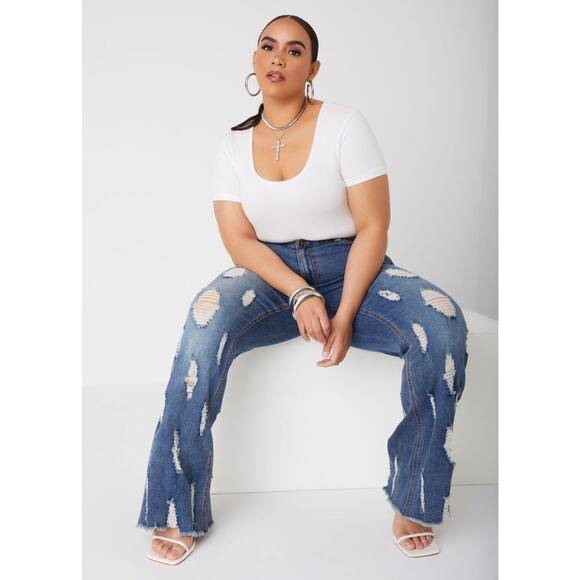 Ashley Stewart Distressed High Waist Frayed Flared Jeans Stretch Plus Size: 18 - Picture 2 of 10